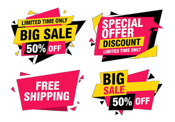 adobe illustrator artwork with transparent background set of discount and sale labels in a dynamic, geometric style with various percentage offers. Ideal for promotional ads and banners