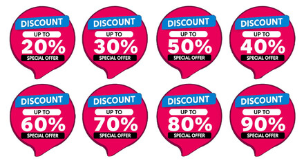 adobe illustrator artwork set of discount and sale labels in speech bubble shape with various percentage offers. Ideal for e-commerce, advertising, and retail promotions