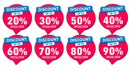 adobe illustrator artwork set of discount and sale labels in speech bubble shape with various percentage offers. Ideal for e-commerce, advertising, and retail promotions