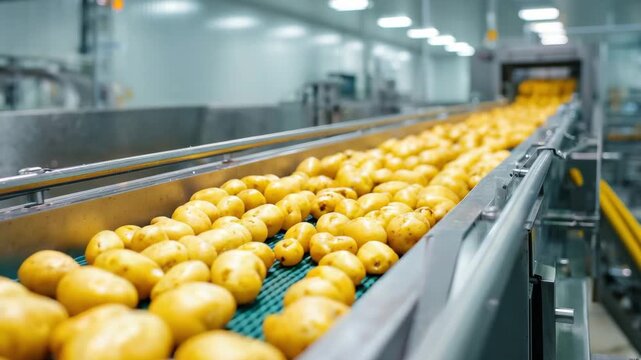 Movement of potatoes along a processing line in a factory setting as vegetables are prepared for packaging