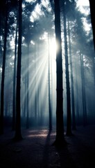 Sonnenstrahlen fallen durch die Bäume eines Waldes am frühen Morgen, verträumte und stimmungsvolle Atmosphäre, Generative AI