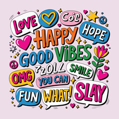 Playful Sticker-Style Typography Collage &ndash; Colorful Positive Words on Pastel Background