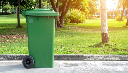 Fototapeta premium A vibrant green trash can stands on a sunlit sidewalk, surrounded by fallen leaves, with a clear blue sky overhead and a few scattered pedestrians nearby.