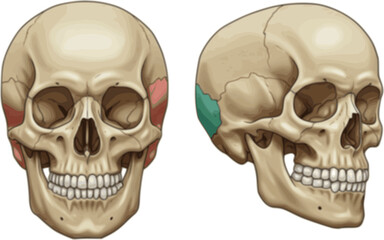 Fototapeta premium Human skull bones anatomy. Cranial colored parts structure. Outline sutures. Zygomatic, nasal, maxilla, temporal lacrimal mandible frontal parietal occipital. Brain protection. Vector illustration