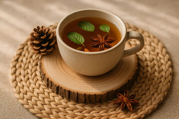 Herbal tea with mint and star anise in ceramic cup on wooden coaster with pinecone and soft light