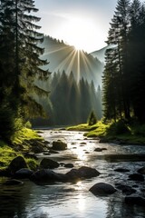 Sonnenstrahlen fallen durch die Bäume eines Waldes am frühen Morgen, verträumte und stimmungsvolle Atmosphäre, Generative AI