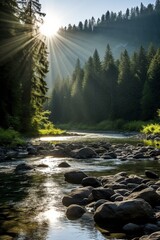 Sonnenstrahlen fallen durch die Bäume eines Waldes am frühen Morgen, verträumte und stimmungsvolle Atmosphäre, Generative AI