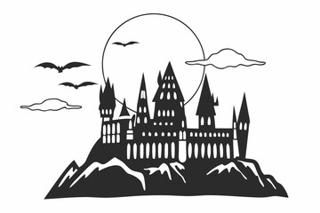 Haunted Castle Silhouette with Bats