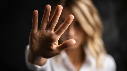 In a calm indoor environment, a woman raises her hand to signal stop as she addresses harassment, visibly expressing defiance and courage against inappropriate behavior