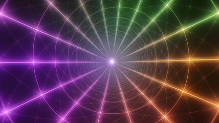 Glowing geometric grid tunnel creating colorful perspective illusion