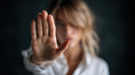 In a calm indoor environment, a woman raises her hand to signal stop as she addresses harassment, visibly expressing defiance and courage against inappropriate behavior