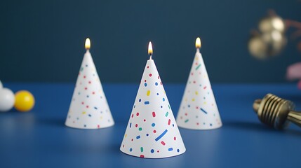 Three Lit Party Hat Candles Festive Birthday Celebration