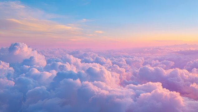Panoramic view of fluffy clouds at sunset, soft pastel colors (1)