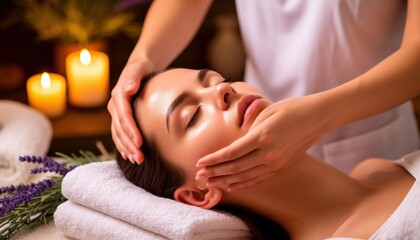 Close-up of a facial massage in a serene spa setting with warm lighting and natural elements. Ideal for beauty therapy, skincare campaigns, wellness branding, and relaxation visuals.