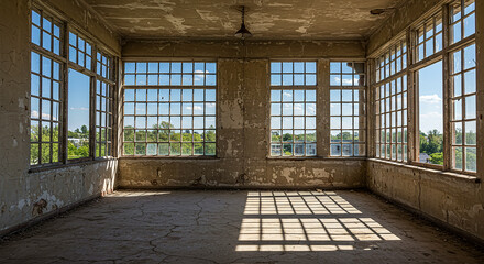 Sunlit abandoned room with large grid windows and shadows