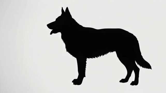 Silhouette of a German Shepherd dog standing with its tongue out, against a white background.