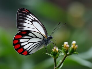 Naklejka premium Close - up Photography of Red - White - Black Patterned Butterfly on Flower, for Natural Science Popularization, Ecological Photography, Microorganism Scenarios
