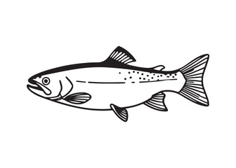 Salmon Silhouette Illustration with Detailed Fins and Scales in Black and White.