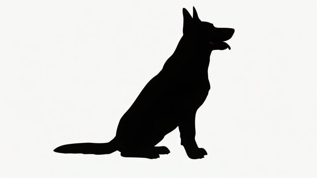 Silhouette of a dog, side profile, sitting, with erect ears and a visible tongue against a bright white background.