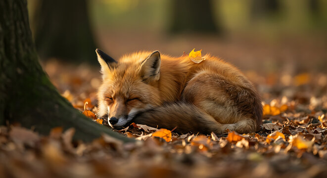 "A close-up shot of a red fox sleeping curled up on a bed of golden autumn leaves in a serene forest clearing during golden hour.  - Powered by Adobe