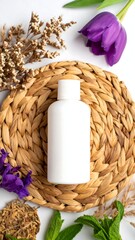 White bottle surrounded by flowers and natural elements