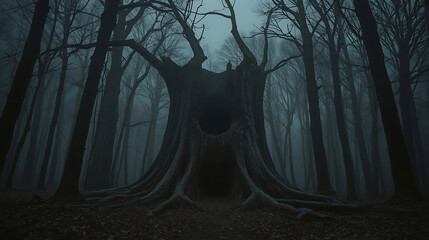 The text describes a mysterious forest with leafless trees and heavy fog, featuring an ancient tree stump with gnarled roots, a hollow entrance, and a mysterious, eye-shaped knot with a shadowy figure
