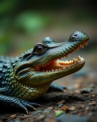 Obraz premium Macro Shot of a Young Alligator Head with Open Mouth, Blurred background Animal Portrait, Wildlife Photo, Scaly Reptile Predator Cute Wild Animals, Close-up Photography, Soft-focus detailed image Cold