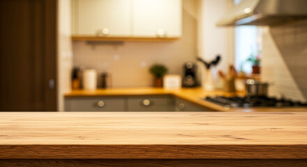 Empty wooden kitchen countertop with blurred background