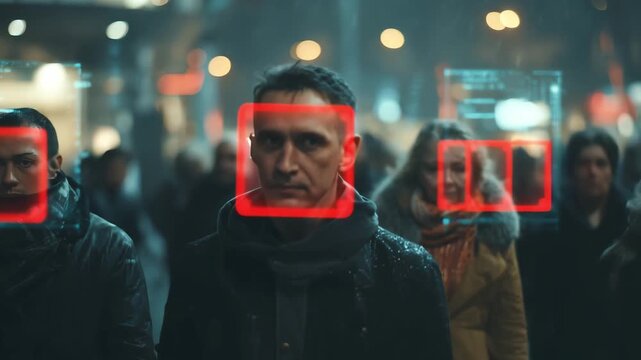 A crowd walks through a city at night while facial recognition technology analyzes individuals amidst rainy weather