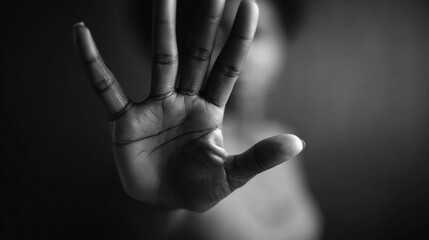 A person stands defiantly in a dark environment, raising their hand to signal a boundary while conveying a powerful message against harassment. The focus is on their determined expression