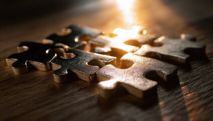 Close-up of several connected puzzle pieces on a wooden surface, bathed in warm light