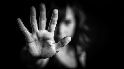 A person stands defiantly in a dark environment, raising their hand to signal a boundary while conveying a powerful message against harassment. The focus is on their determined expression