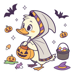 Delightful Amused Duck in a Halloween scene with wrapped in a blanket – Spooky Fun vector illustration