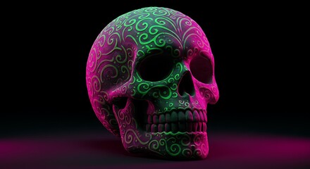 Neon Skull: Intricate 3D Render, Pink & Green Hues