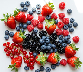 Obraz premium A vibrant and colorful assortment of fresh mixed summer berries like strawberries, blueberries, and raspberries. Healthy eating concept.