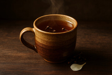 Rustic brown mug of steaming clove tea on wooden surface in warm moody lighting