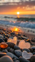 Fototapeta premium Heart shaped sea glass on beach at sunset