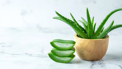 A charming small pot of vibrant green aloe vera, featuring thick, fleshy leaves with a slight sheen, nestled on a rustic wooden table.