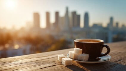 Coffee cup with sugar cubes on a rooftop overlooking a city skyline at sunrise