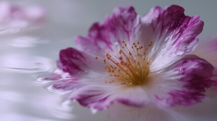 Close-up of a pink and white flower with a yellow center. the flower is in focus, while the background is blurred, creating a soft and dreamy effect.