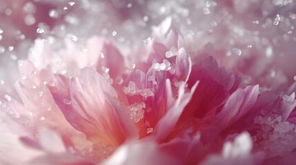 Fototapeta premium Close-up of a pink flower with water droplets scattered around it. the petals of the flower are a soft pink color and the center is a darker shade of pink.