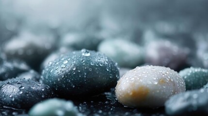 Close-up of a group of small, round objects with water droplets on them. the objects are of different colors - black, grey, and white - and are arranged in a scattered manner.