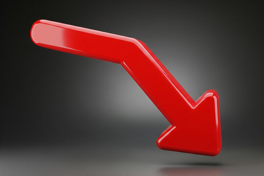 Glossy Red 3D Arrow Pointing Downward: Dramatic Decline Visual
