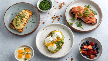 Overhead view of a healthy breakfast spread with poached eggs avocado toast salmon toast and fruit salad Keywords: breakfast, food, healthy, meal, delicious, gourmet