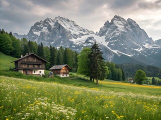 Fototapeta premium Lush green Swiss alpine meadow with a traditional wooden farm house and a stunning view of the surrounding mountain landscape under a clear summer sky