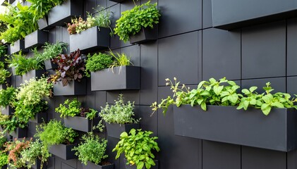 A lush vertical garden featuring a vibrant wall of diverse plants, including ferns, succulents, and flowering vines, creating a serene green backdrop.