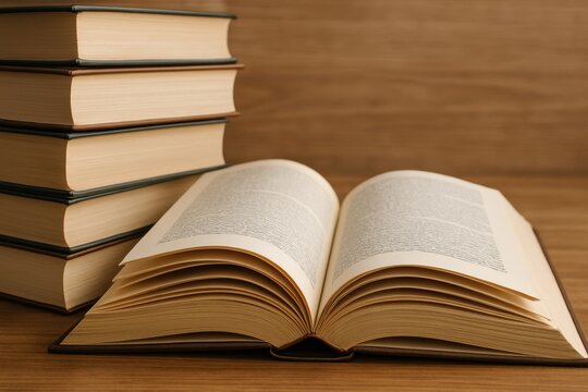 Open book on wooden table with stack of closed books in background, showcasing pages and textures, inviting readers and knowledge seekers alike