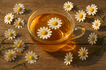 Clear glass cup of chamomile tea with daisy flowers on rustic wood surface in sunlight