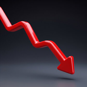 Glossy Red Arrow Chart Symbol Descending Sharply Against Dark Gradient Background