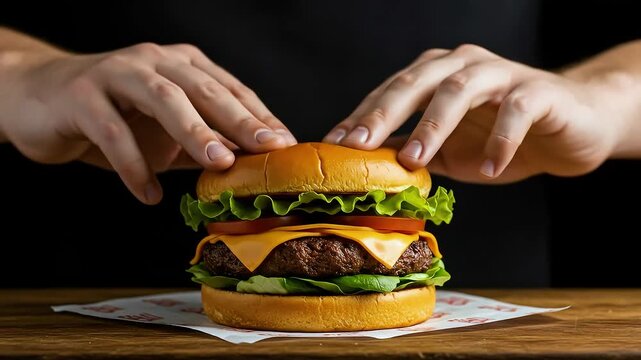 Hands picking up delicious cheeseburger